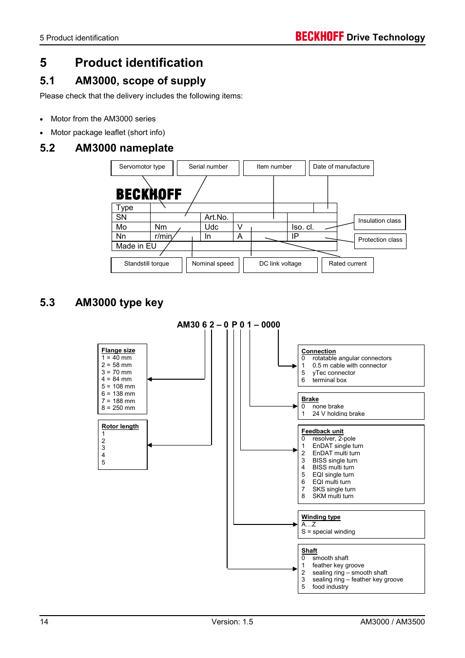 5 product identification, 1 am3000, scope of supply, 2 am3000 nameplate | 3 am3000 type key, Beckhoff, 5product identification, Drive technology | BECKHOFF AM3000 User Manual | Page 14 / 65