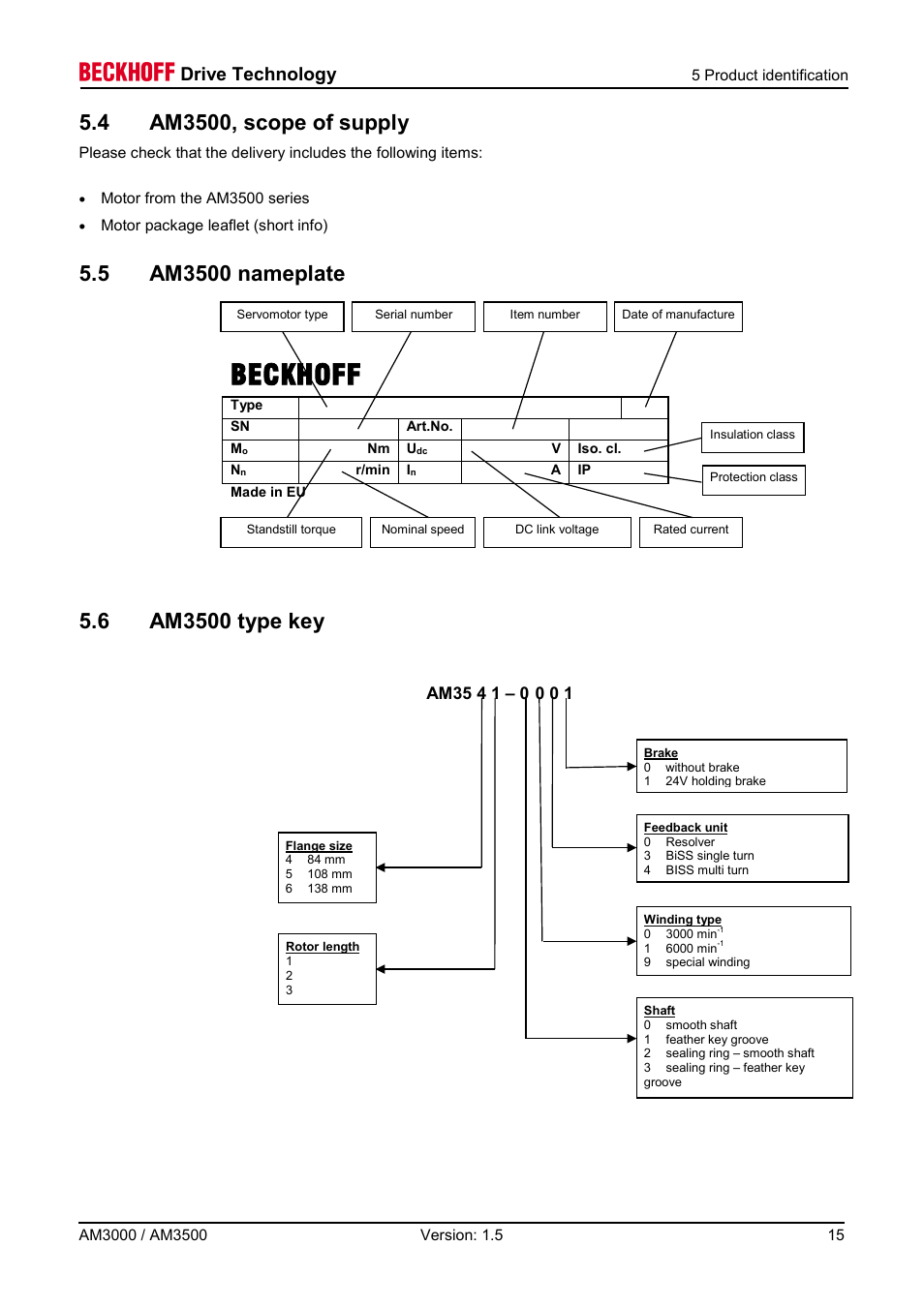 4 am3500, scope of supply, 5 am3500 nameplate, 6 am3500 type key | Beckhoff, Drive technology | BECKHOFF AM3000 User Manual | Page 15 / 65