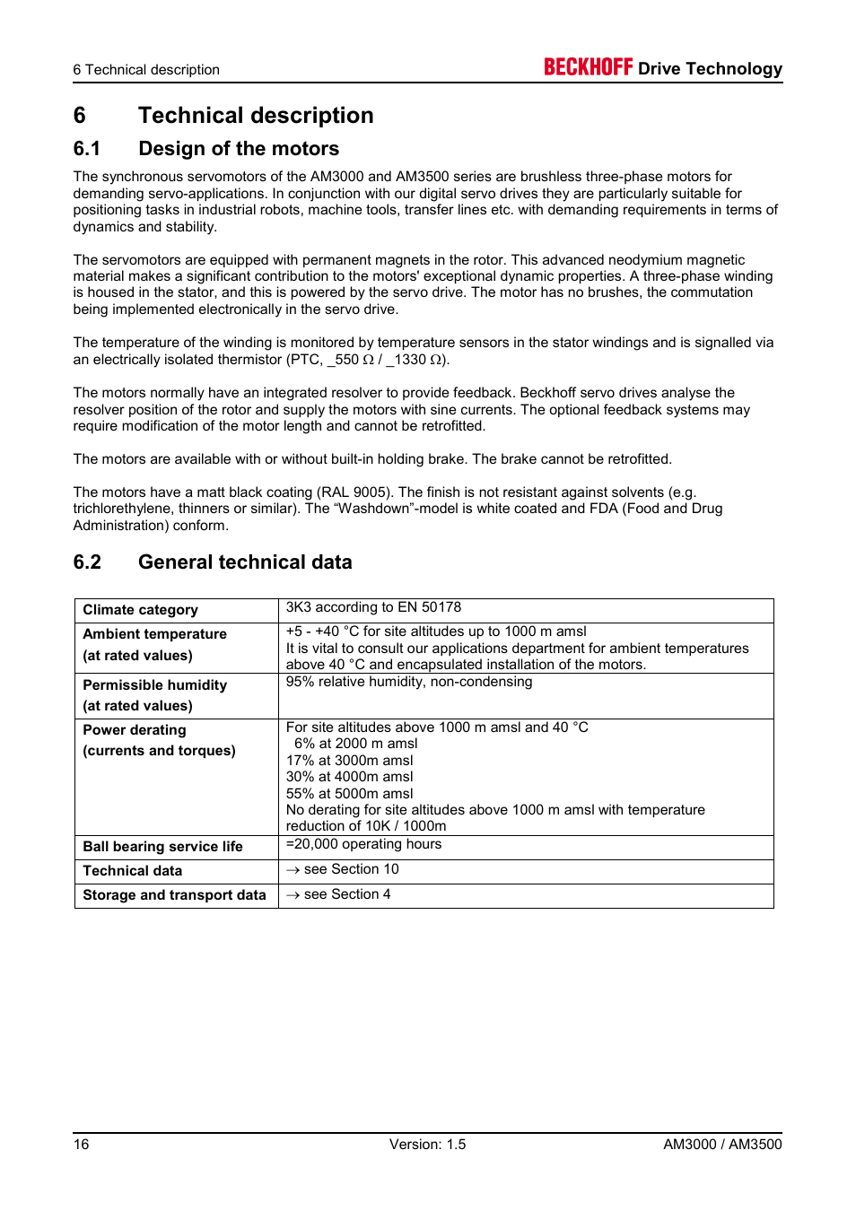 6 technical description, 1 design of the motors, 2 general technical data | 6technical description | BECKHOFF AM3000 User Manual | Page 16 / 65