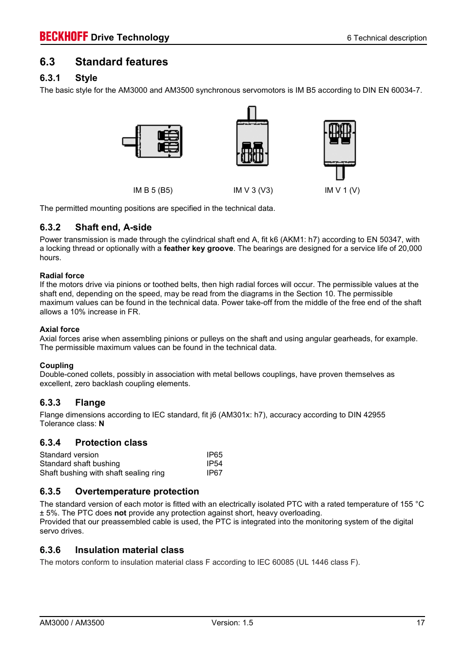 3 standard features, 1 style, 2 shaft end, a-side | 3 flange, 4 protection class, 5 overtemperature protection, 6 insulation material class | BECKHOFF AM3000 User Manual | Page 17 / 65