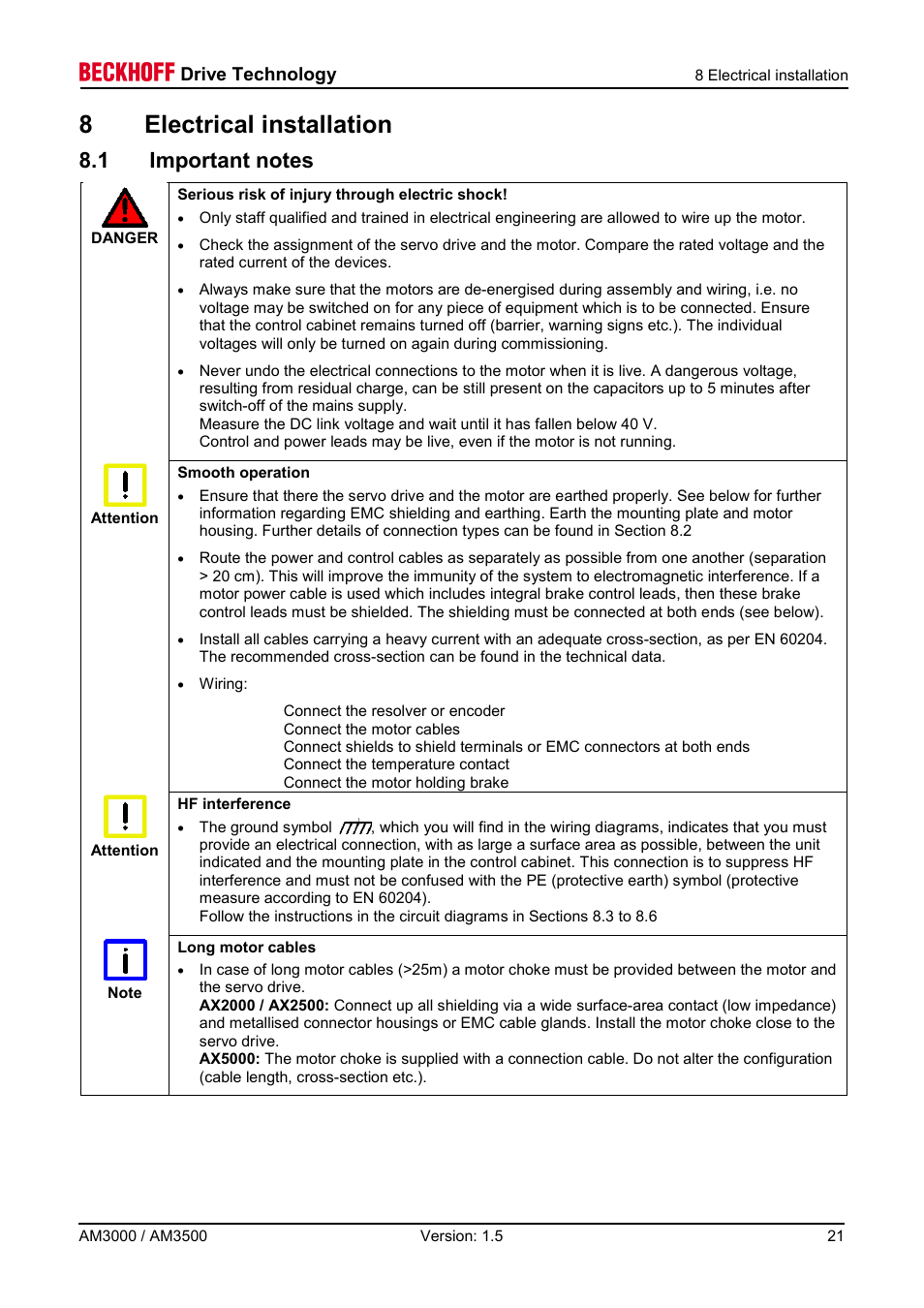 8 electrical installation, 1 important notes, 8electrical installation | Drive technology | BECKHOFF AM3000 User Manual | Page 21 / 65