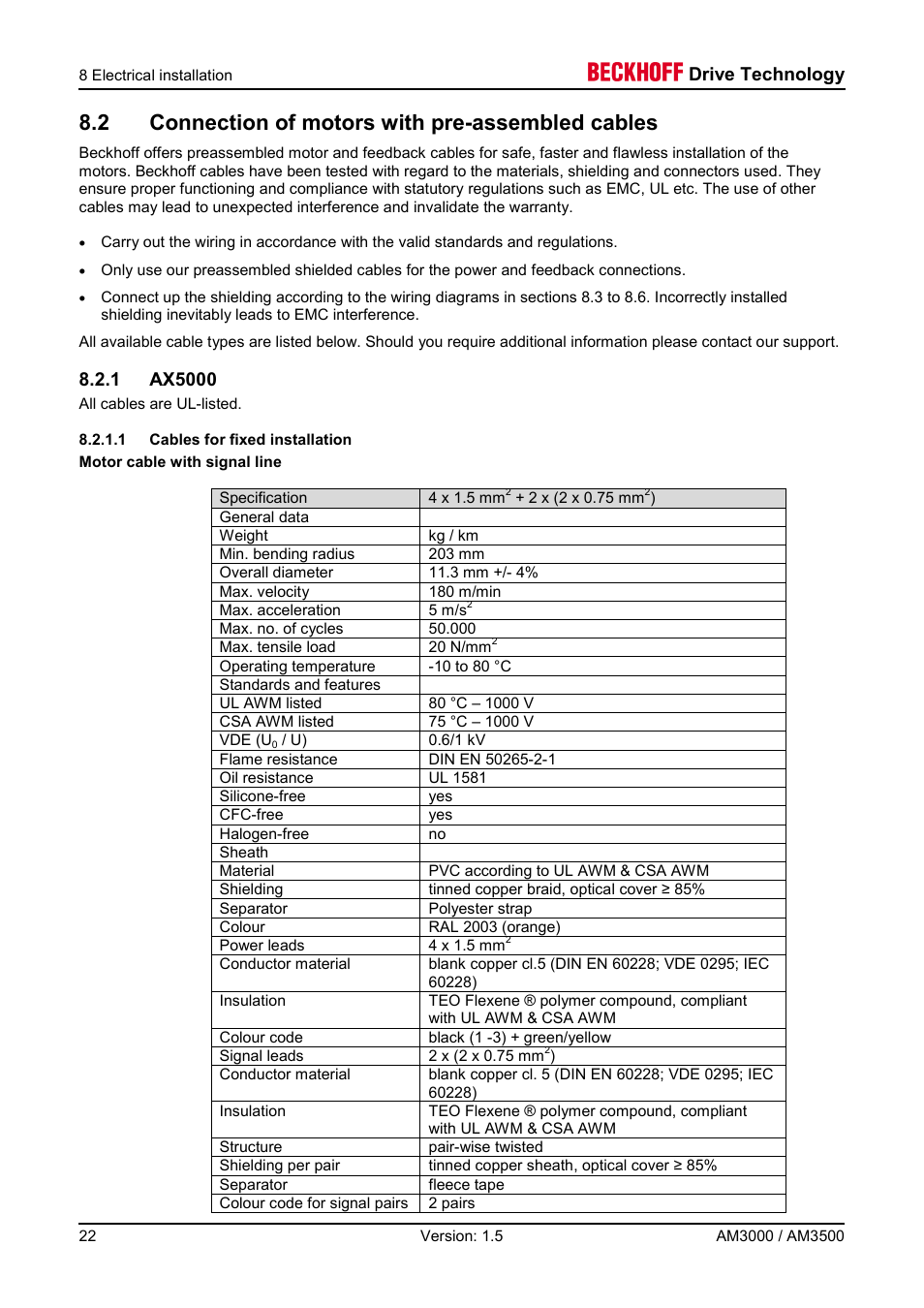 2 connection of motors with pre-assembled cables, 1 ax5000, 1 cables for fixed installation | Drive technology | BECKHOFF AM3000 User Manual | Page 22 / 65