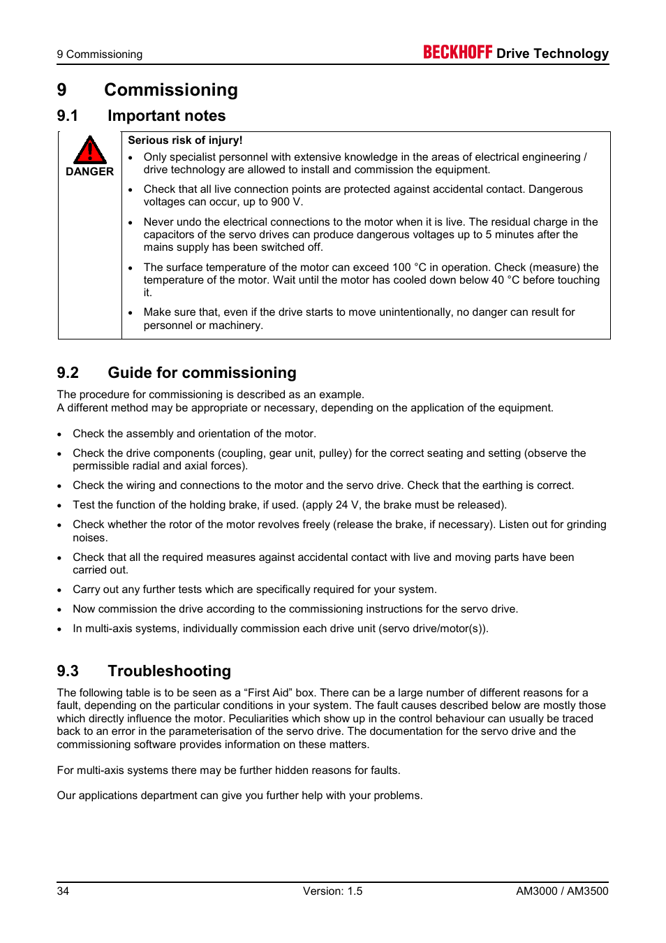 9 commissioning, 1 important notes, 2 guide for commissioning | 3 troubleshooting, 9commissioning, Drive technology | BECKHOFF AM3000 User Manual | Page 34 / 65