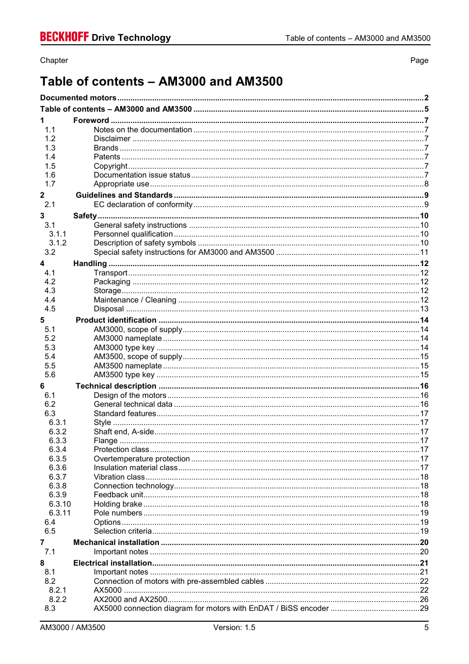 Table of contents – am3000 and am3500 | BECKHOFF AM3000 User Manual | Page 5 / 65