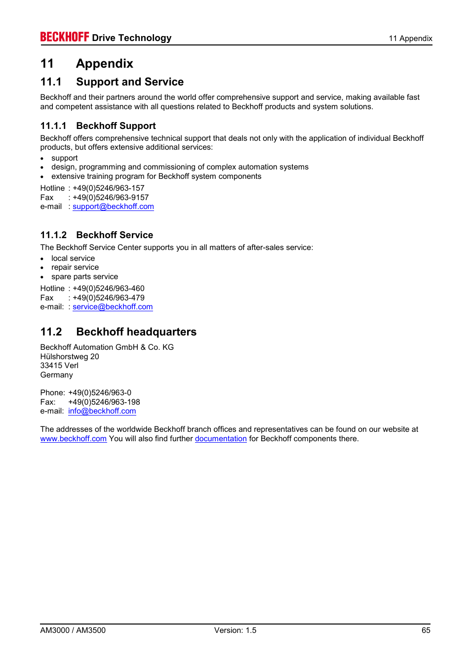 11 appendix, 1 support and service, 1 beckhoff support | 2 beckhoff service, 2 beckhoff headquarters | BECKHOFF AM3000 User Manual | Page 65 / 65