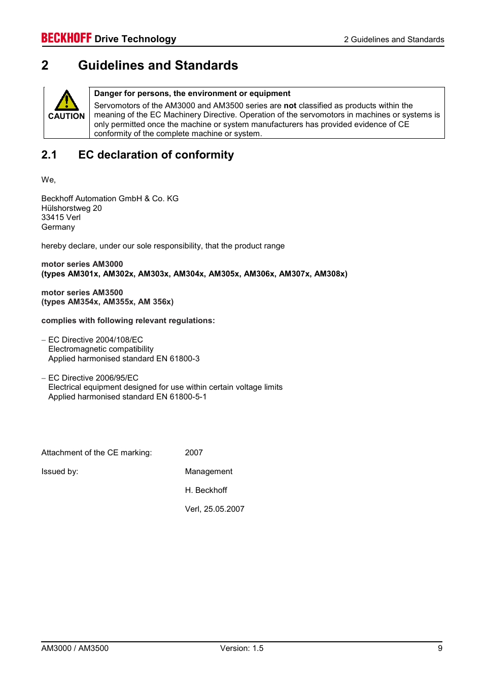 2 guidelines and standards, 1 ec declaration of conformity, 2guidelines and standards | BECKHOFF AM3000 User Manual | Page 9 / 65