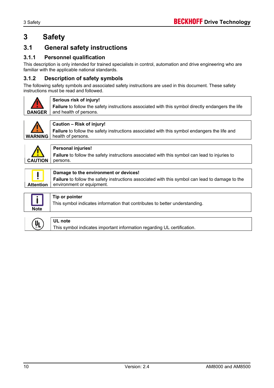 3 safety, 1 general safety instructions, 1 personnel qualification | 2 description of safety symbols, 3safety | BECKHOFF AM8000 User Manual | Page 10 / 54