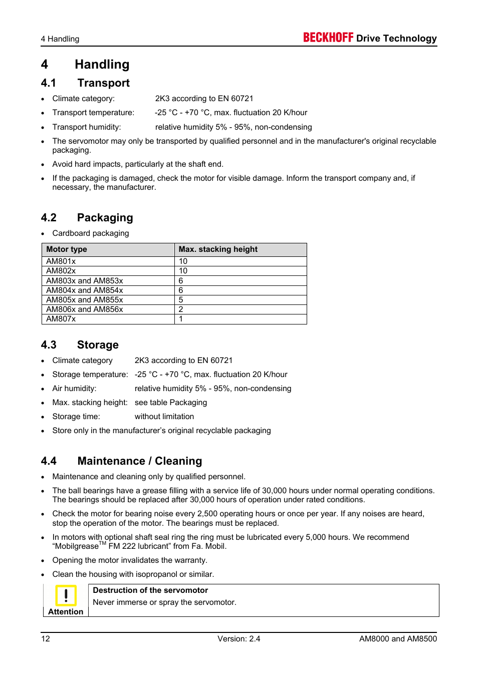 4 handling, 1 transport, 2 packaging | 3 storage, 4 maintenance / cleaning, 4handling | BECKHOFF AM8000 User Manual | Page 12 / 54