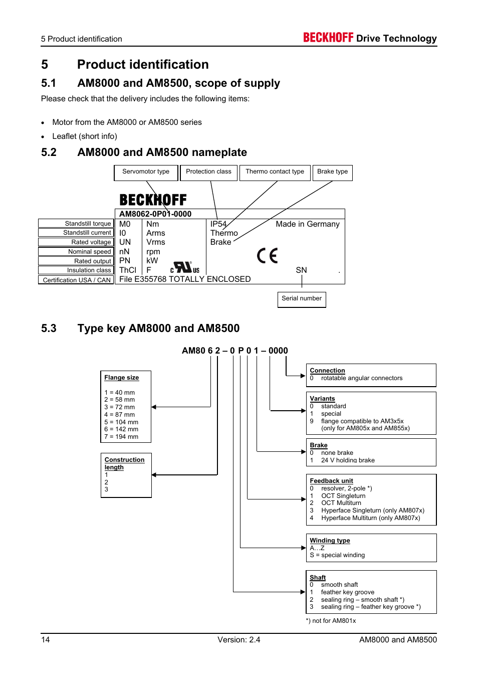 5 product identification, 1 am8000 and am8500, scope of supply, 2 am8000 and am8500 nameplate | 3 type key am8000 and am8500, 6 technical description, Beckhoff, 5product identification, Drive technology | BECKHOFF AM8000 User Manual | Page 14 / 54