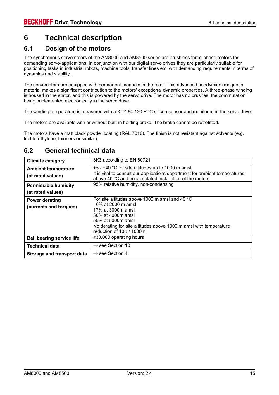 1 design of the motors, 2 general technical data, 6technical description | BECKHOFF AM8000 User Manual | Page 15 / 54
