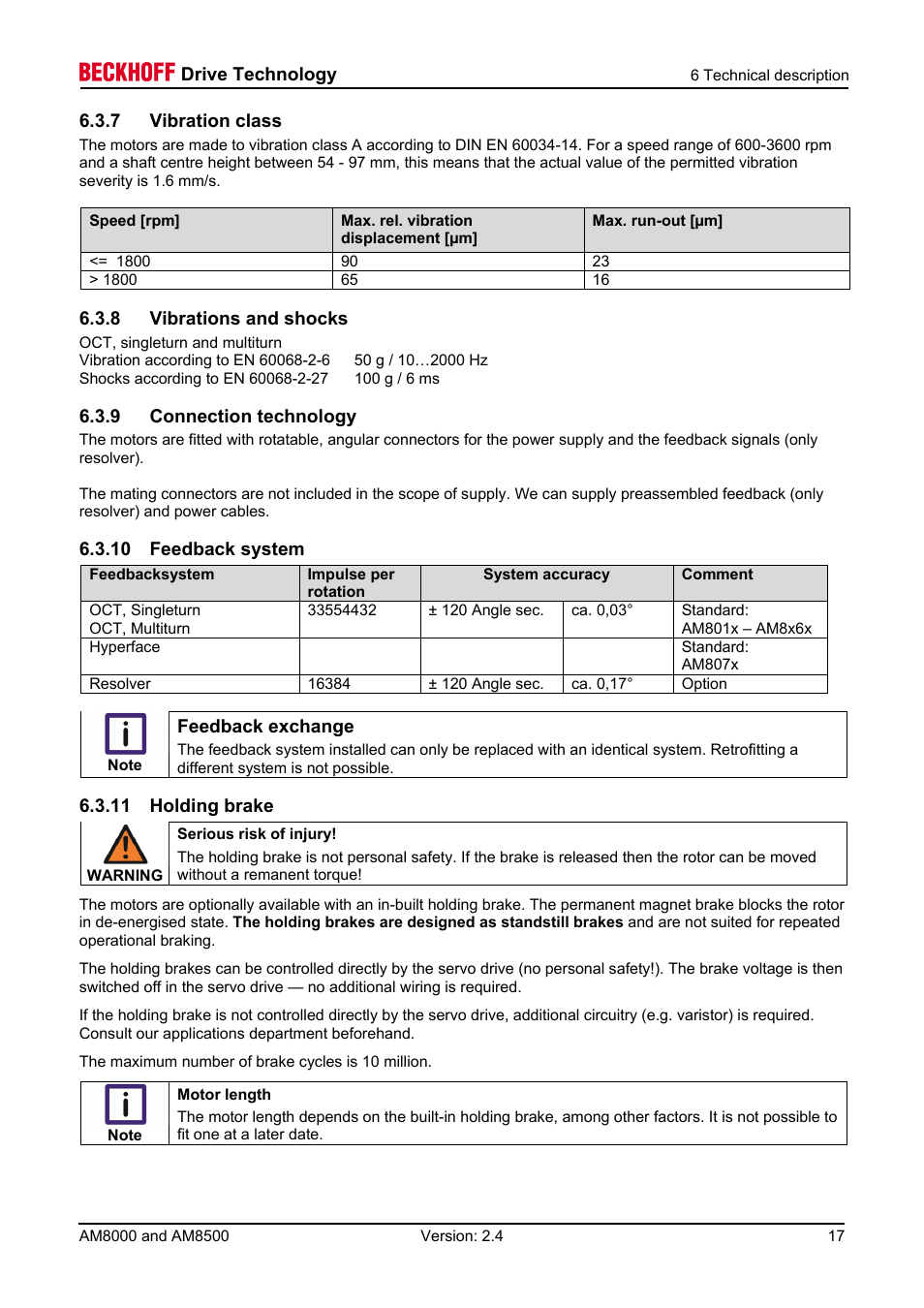 7 vibration class, 8 vibrations and shocks, 9 connection technology | 10 feedback system, 11 holding brake | BECKHOFF AM8000 User Manual | Page 17 / 54
