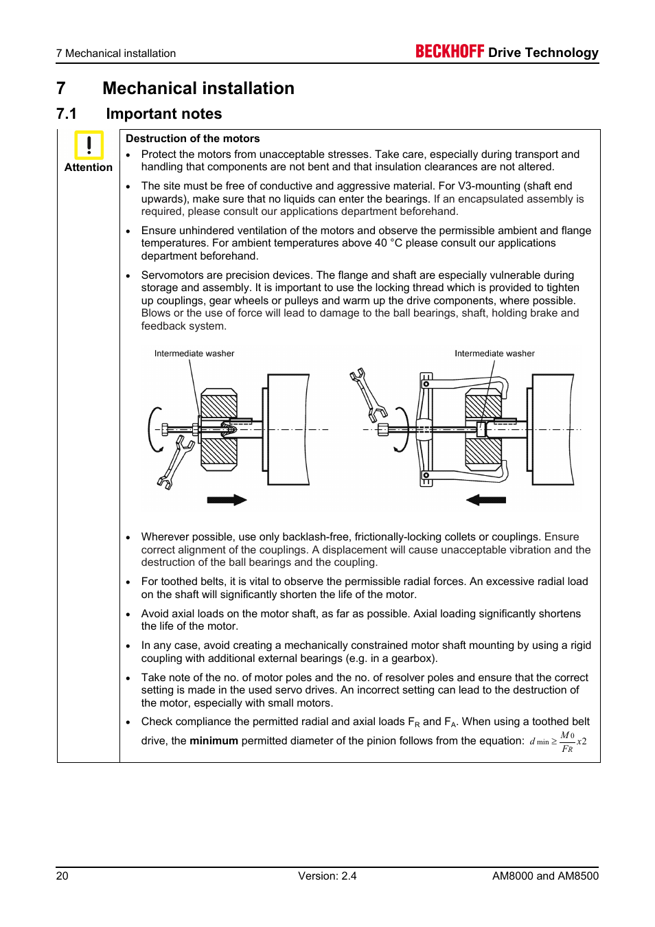 7 mechanical installation, 1 important notes, 7mechanical installation | Drive technology | BECKHOFF AM8000 User Manual | Page 20 / 54