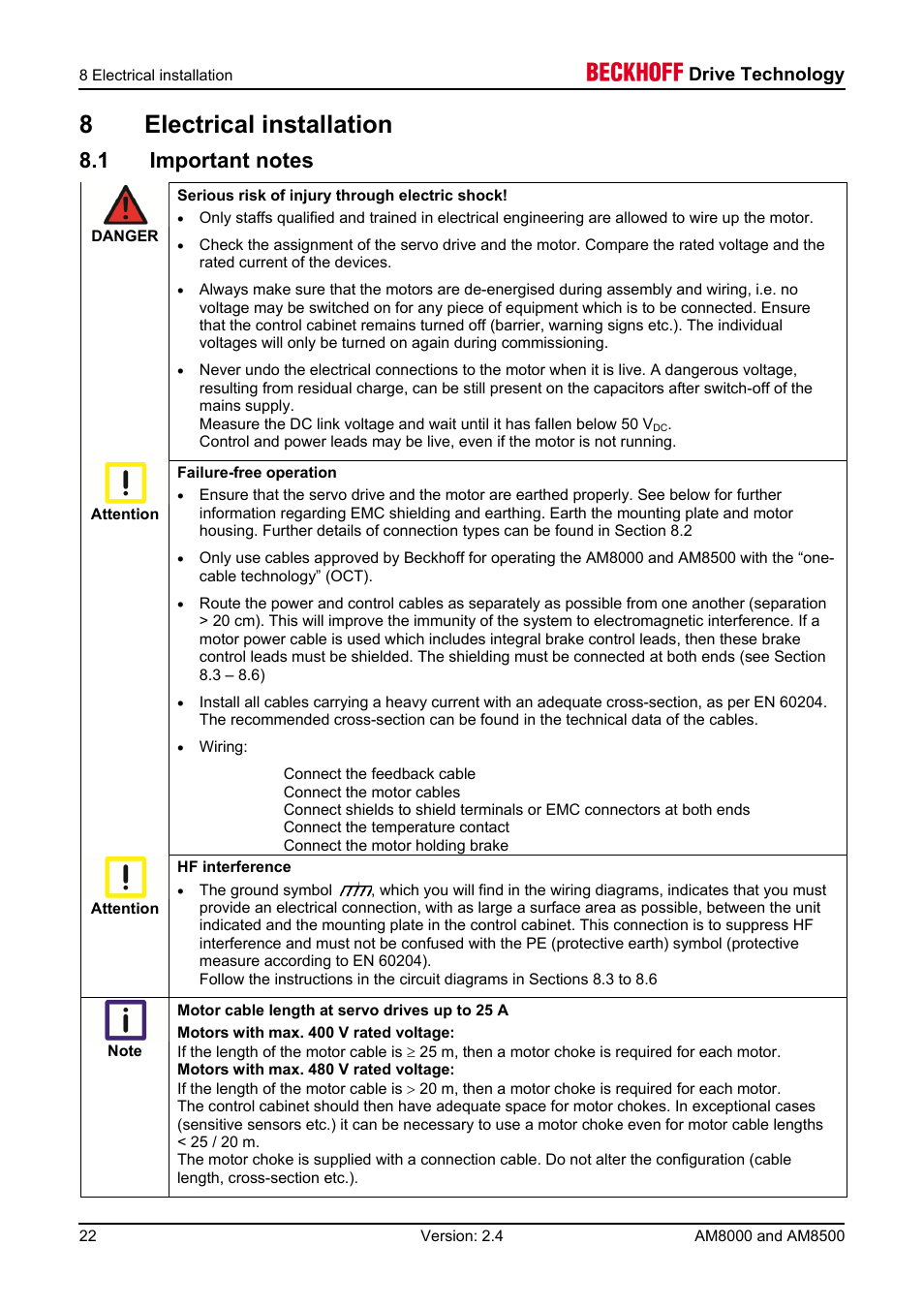 8 electrical installation, 1 important notes, 8electrical installation | BECKHOFF AM8000 User Manual | Page 22 / 54