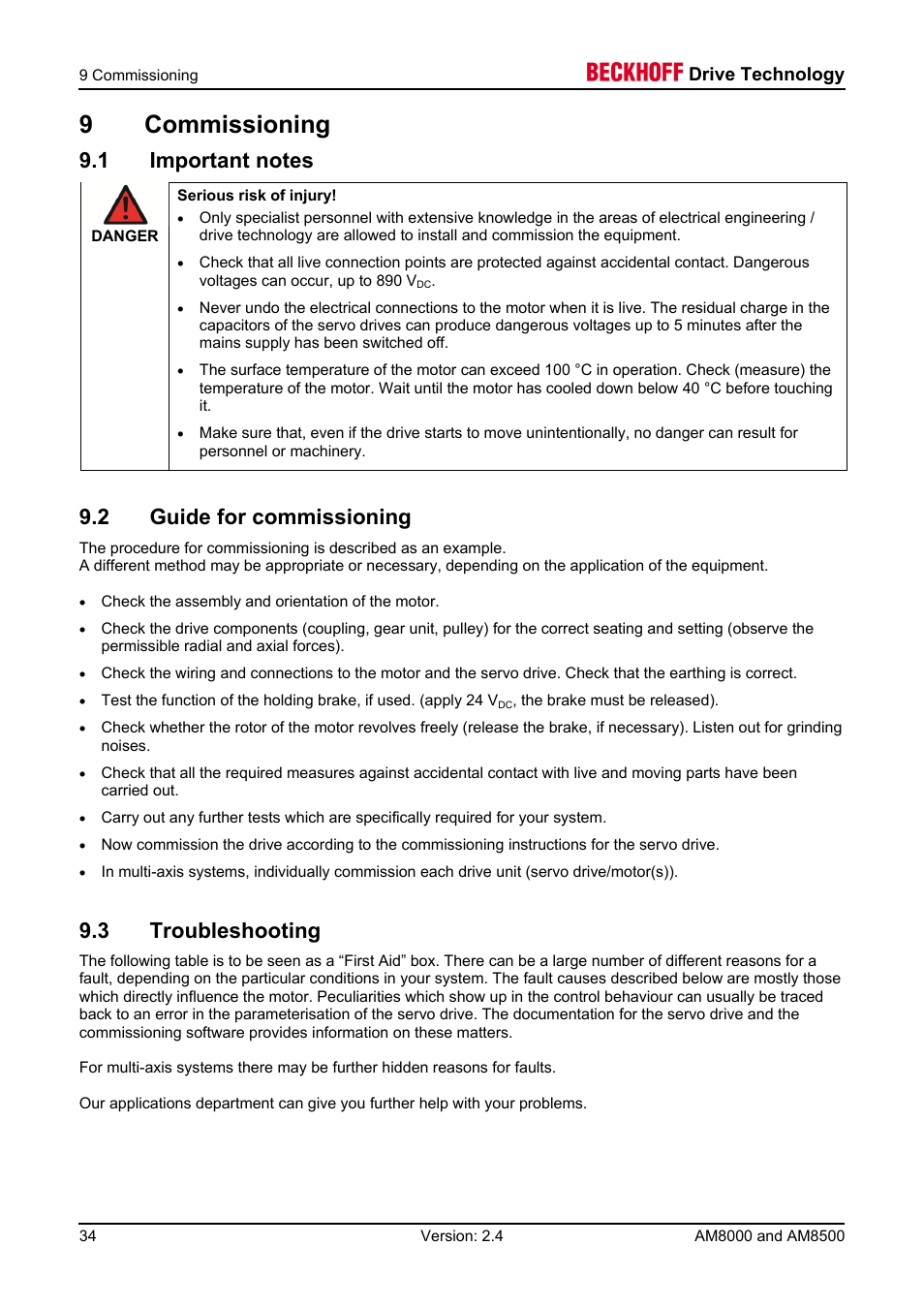 9 commissioning, 1 important notes, 2 guide for commissioning | 3 troubleshooting, 9commissioning | BECKHOFF AM8000 User Manual | Page 34 / 54