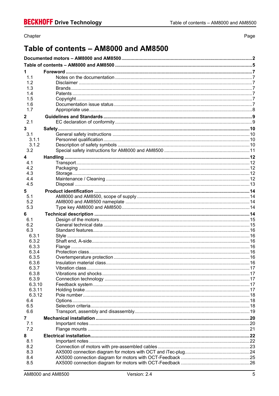 Table of contents – am8000 and am8500 | BECKHOFF AM8000 User Manual | Page 5 / 54