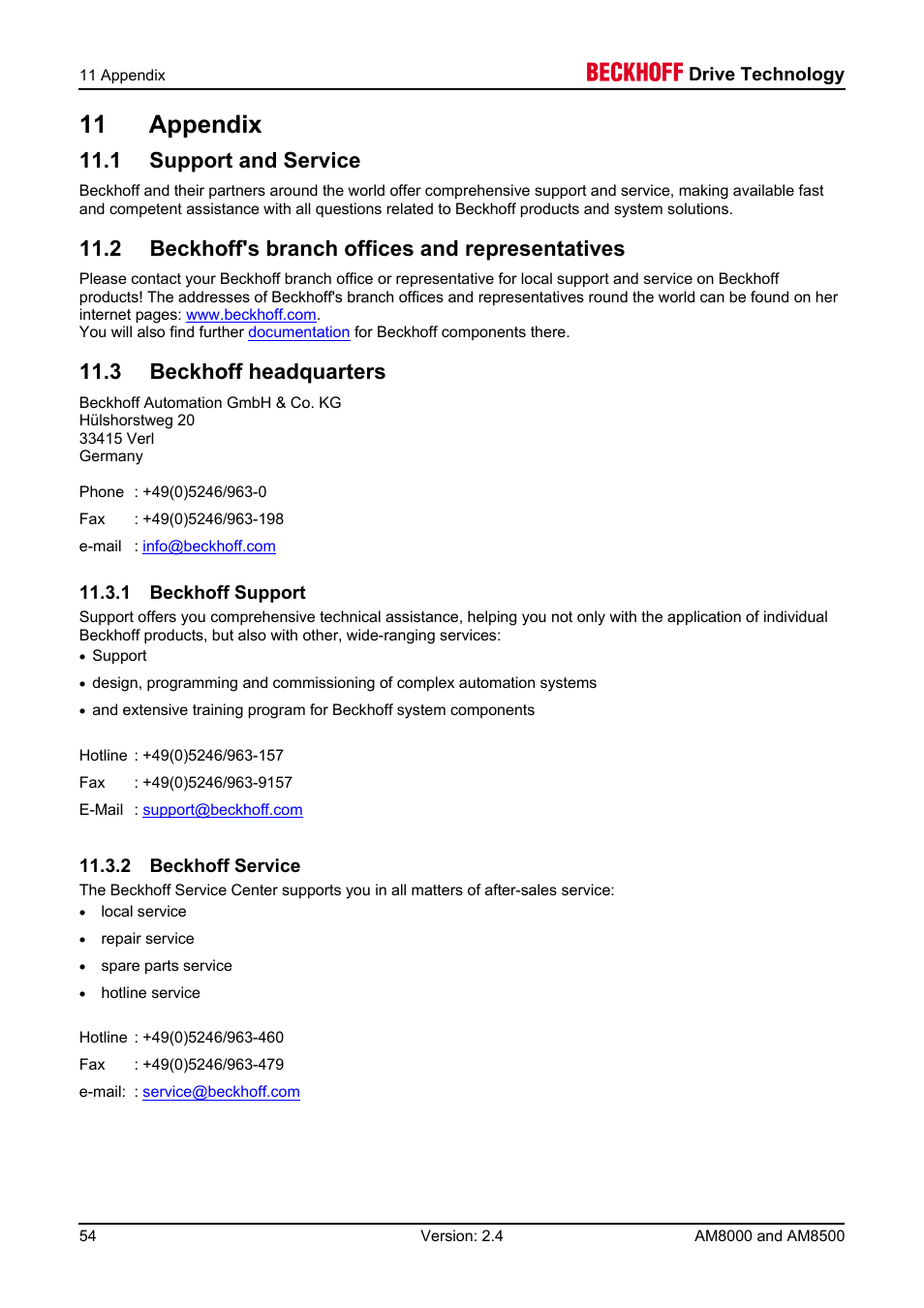 11 appendix, 1 support and service, 2 beckhoff's branch offices and representatives | 3 beckhoff headquarters, 1 beckhoff support, 2 beckhoff service | BECKHOFF AM8000 User Manual | Page 54 / 54