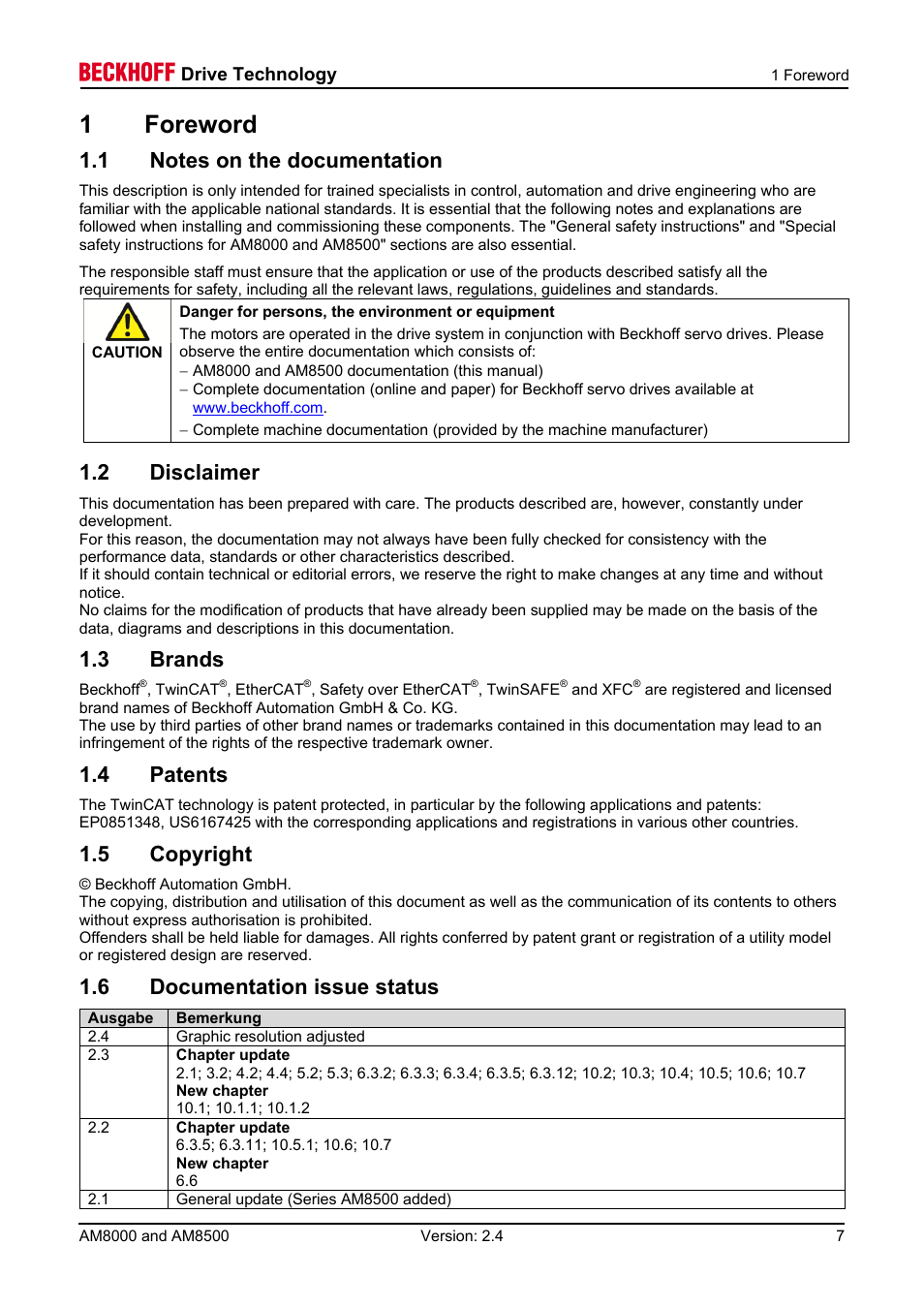 1 foreword, 1 notes on the documentation, 2 disclaimer | 3 brands, 4 patents, 5 copyright, 6 documentation issue status, 1foreword | BECKHOFF AM8000 User Manual | Page 7 / 54