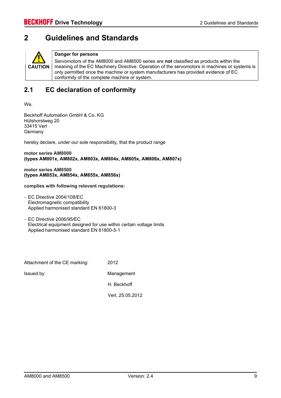 2 guidelines and standards, 1 ec declaration of conformity, 2guidelines and standards | BECKHOFF AM8000 User Manual | Page 9 / 54