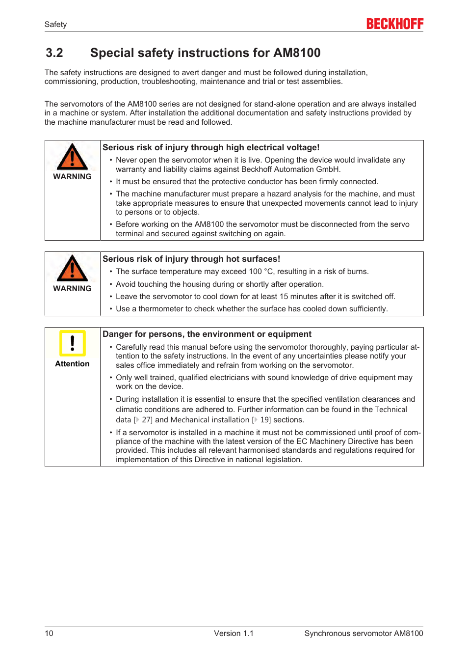 2 special safety instructions for am8100 | BECKHOFF AM8100 User Manual | Page 10 / 35