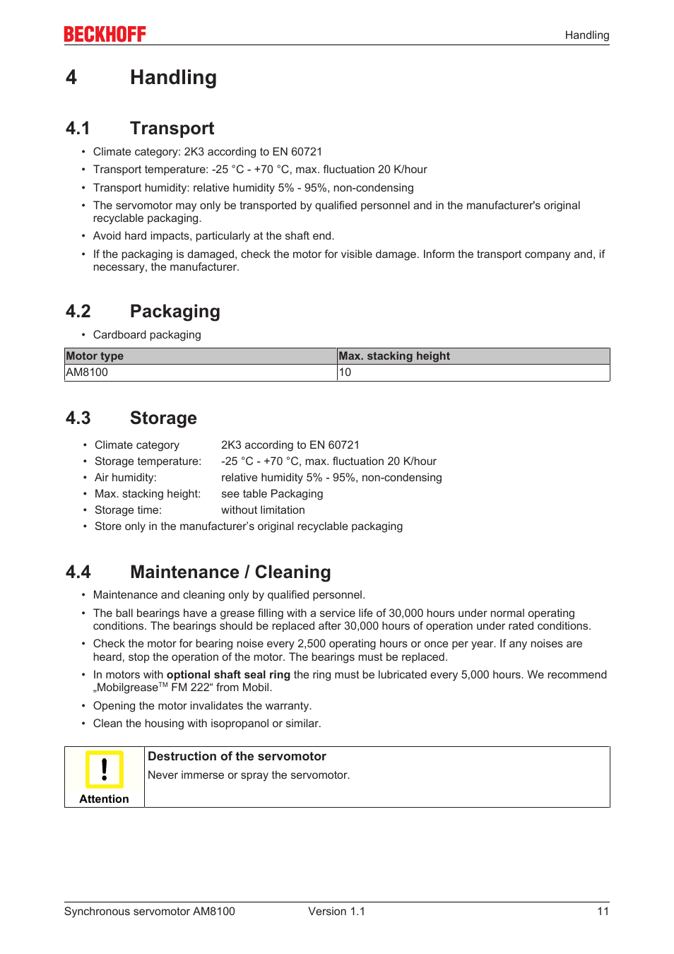 4 handling, 1 transport, 2 packaging | 3 storage, 4 maintenance / cleaning, 4handling | BECKHOFF AM8100 User Manual | Page 11 / 35