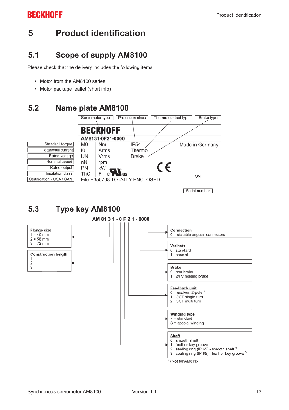 5 product identification, 1 scope of supply am8100, 2 name plate am8100 | 3 type key am8100, 5product identification | BECKHOFF AM8100 User Manual | Page 13 / 35