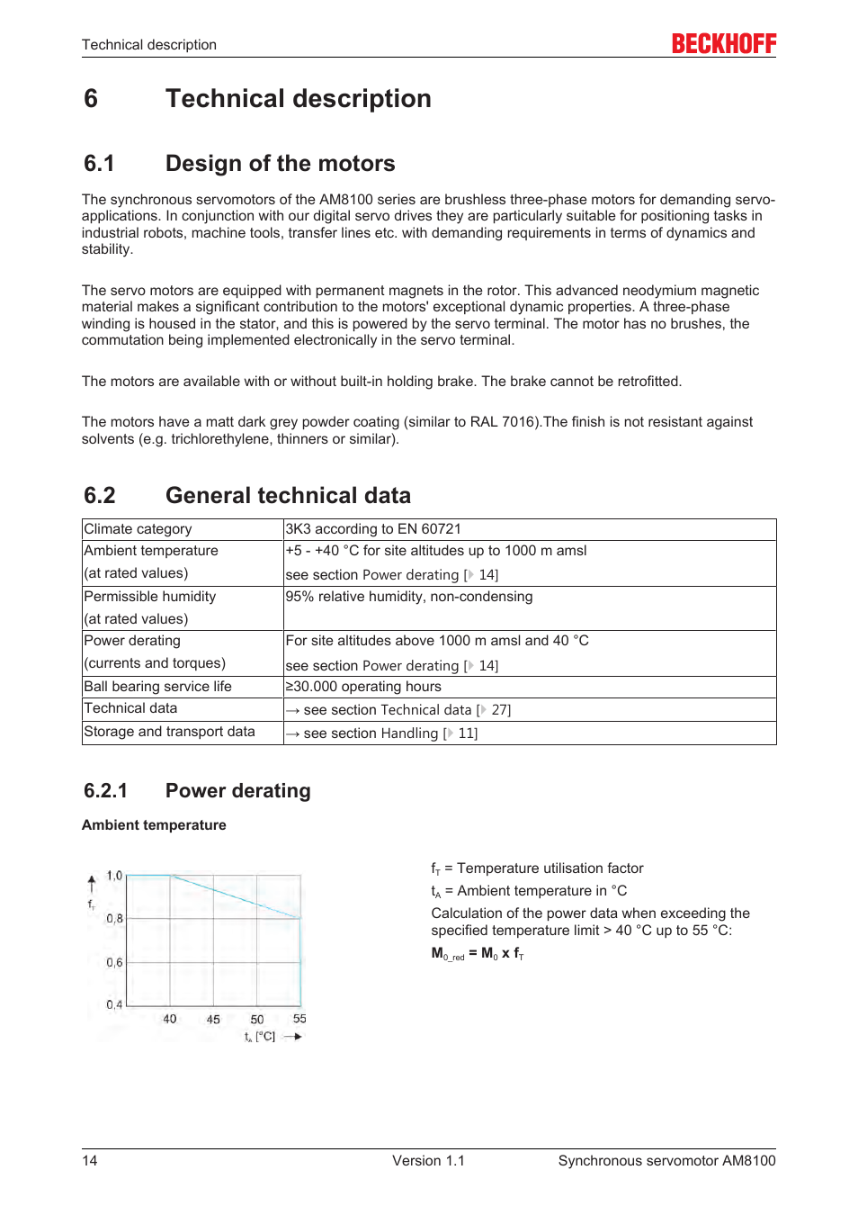 6 technical description, 1 design of the motors, 2 general technical data | 1 power derating, 6technical description | BECKHOFF AM8100 User Manual | Page 14 / 35