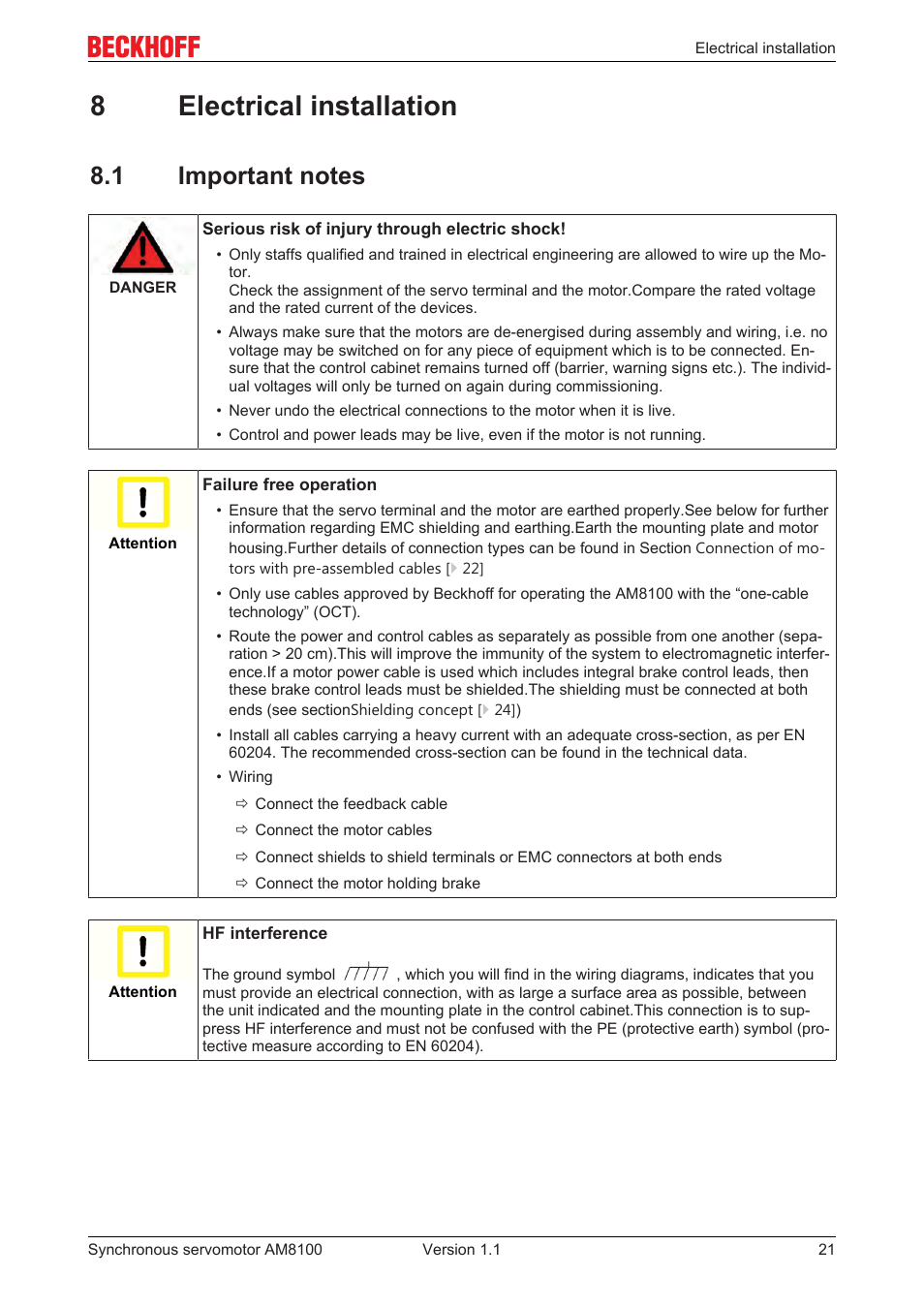8 electrical installation, 1 important notes, 8electrical installation | BECKHOFF AM8100 User Manual | Page 21 / 35