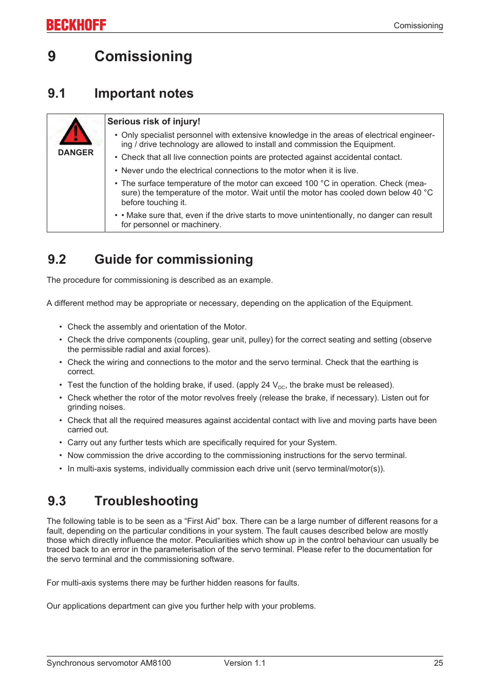 9 comissioning, 1 important notes, 2 guide for commissioning | 3 troubleshooting, 9comissioning | BECKHOFF AM8100 User Manual | Page 25 / 35