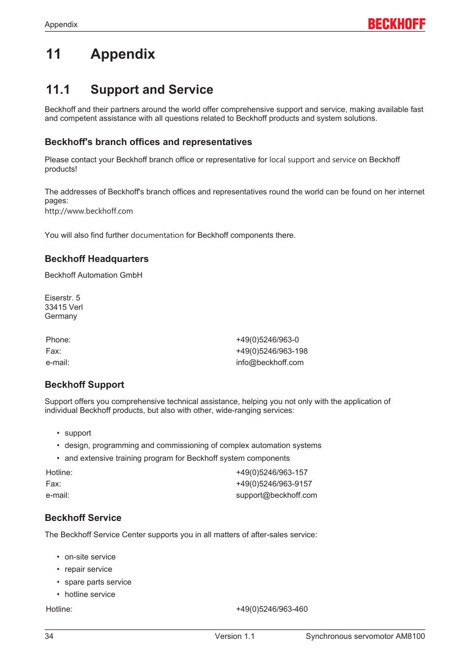11 appendix, 1 support and service | BECKHOFF AM8100 User Manual | Page 34 / 35