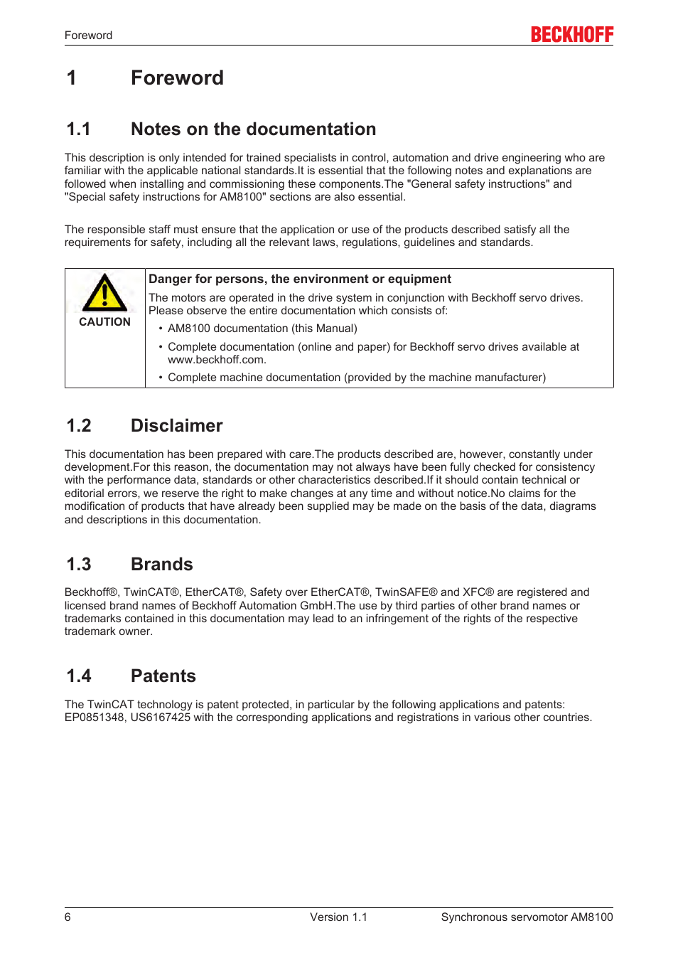 1 foreword, 1 notes on the documentation, 2 disclaimer | 3 brands, 4 patents, 1foreword | BECKHOFF AM8100 User Manual | Page 6 / 35