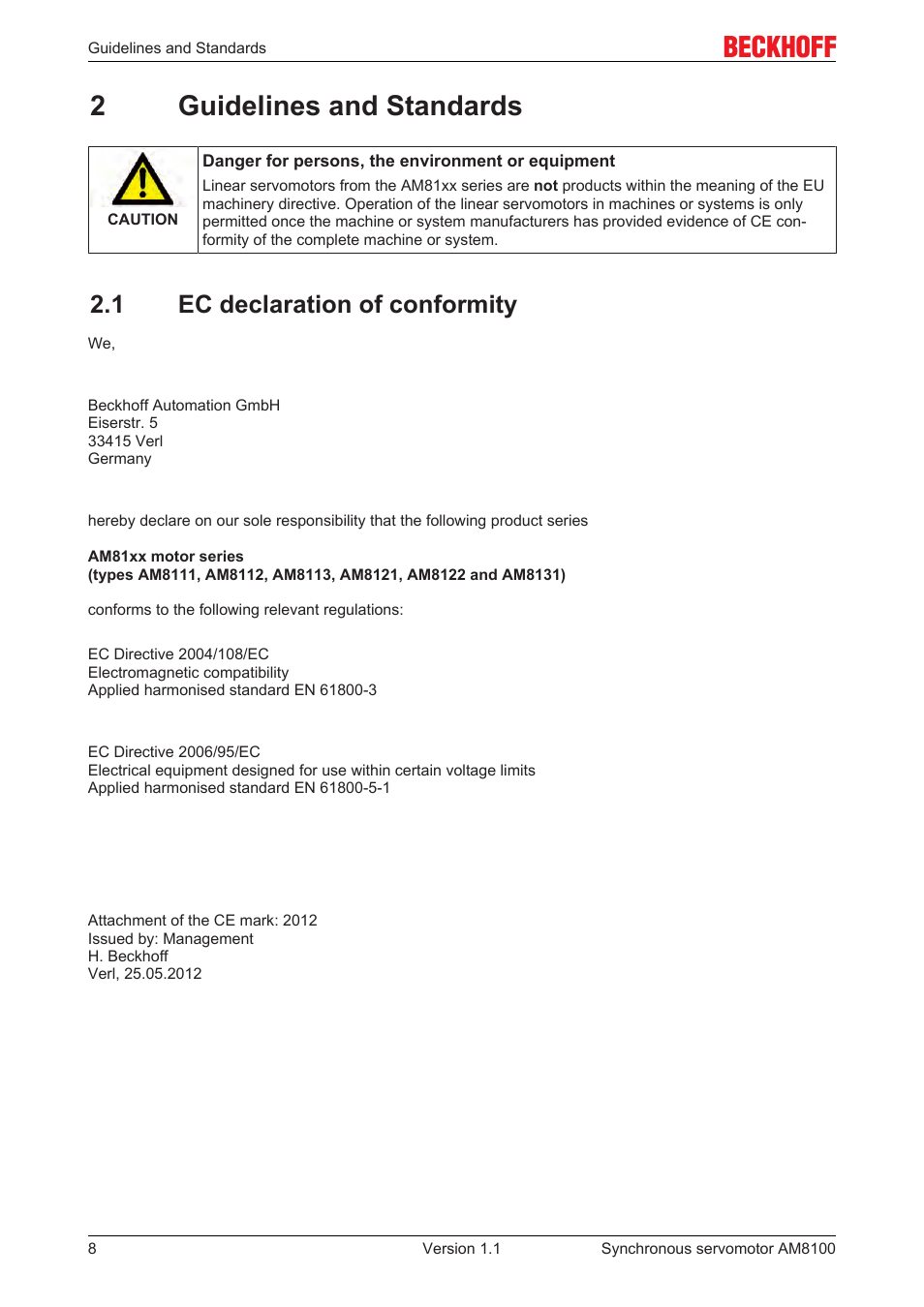 2 guidelines and standards, 1 ec declaration of conformity, 2guidelines and standards | BECKHOFF AM8100 User Manual | Page 8 / 35