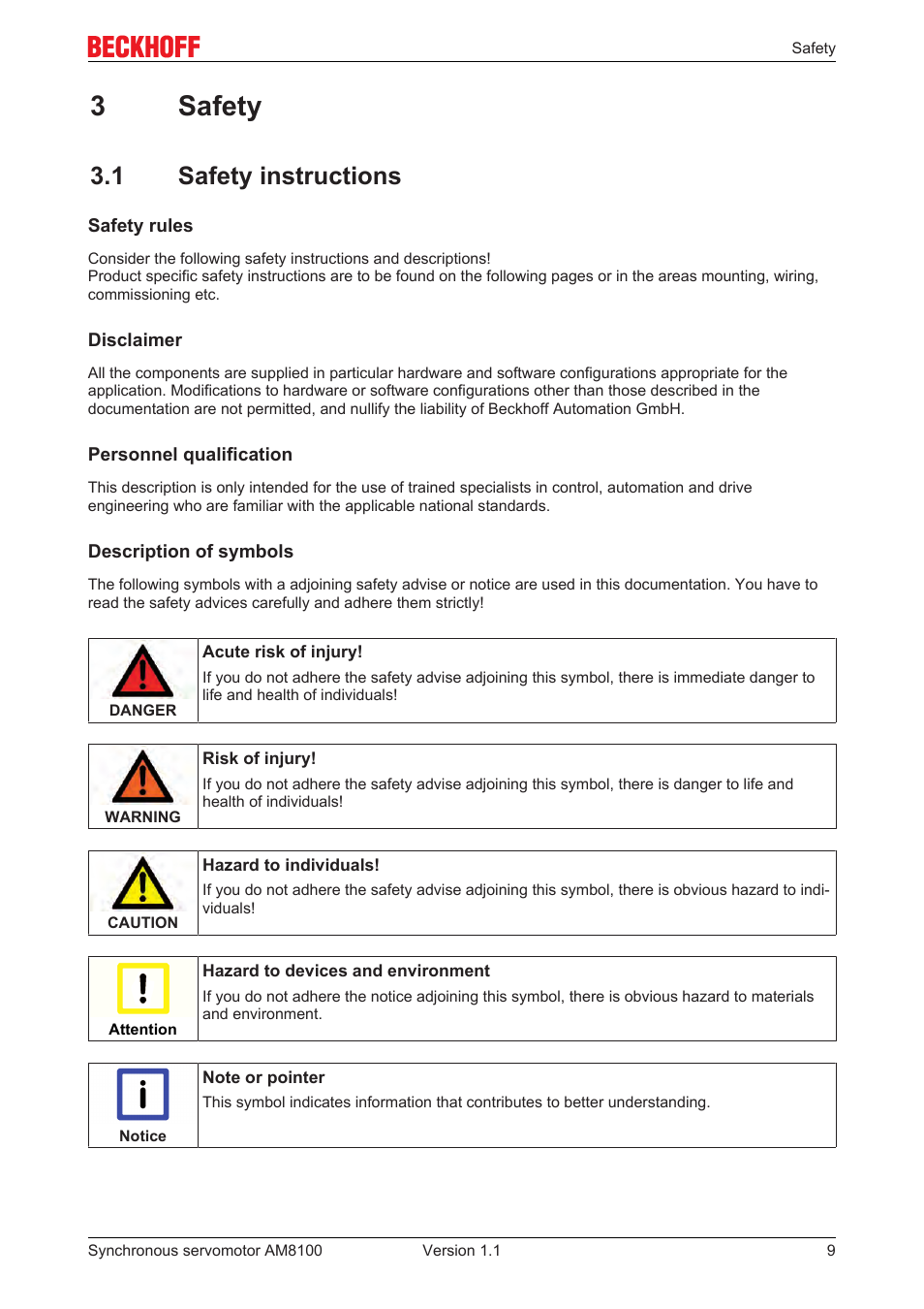 3 safety, 1 safety instructions, 3safety | BECKHOFF AM8100 User Manual | Page 9 / 35