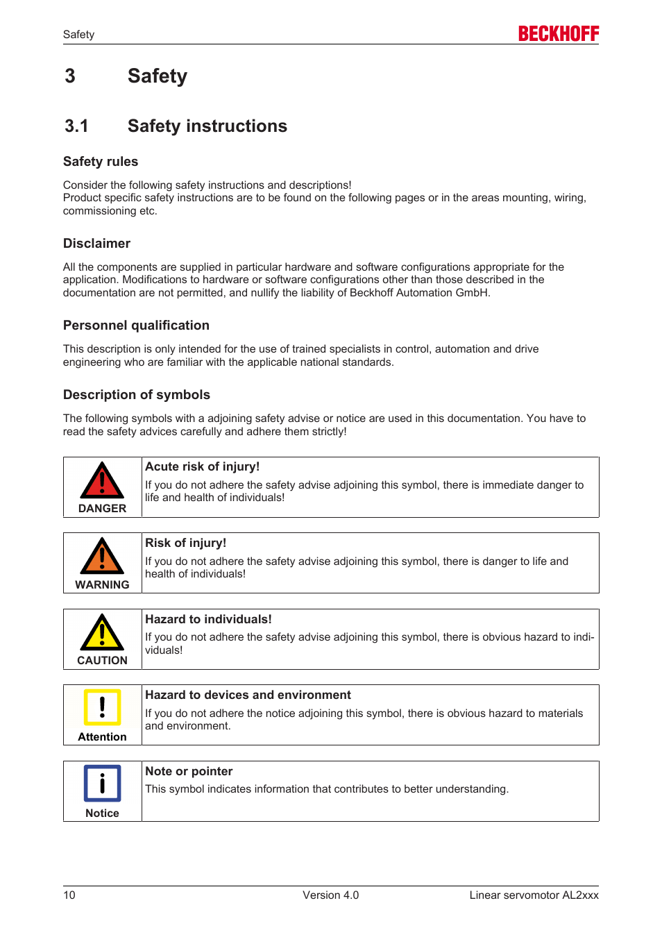 3 safety, 1 safety instructions, 3safety | BECKHOFF AL2000 Linear servomotor User Manual | Page 10 / 61