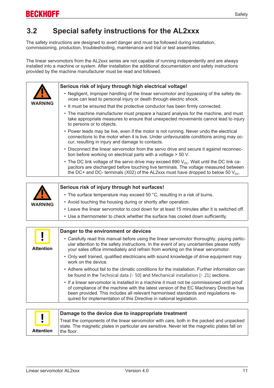 2 special safety instructions for the al2xxx | BECKHOFF AL2000 Linear servomotor User Manual | Page 11 / 61