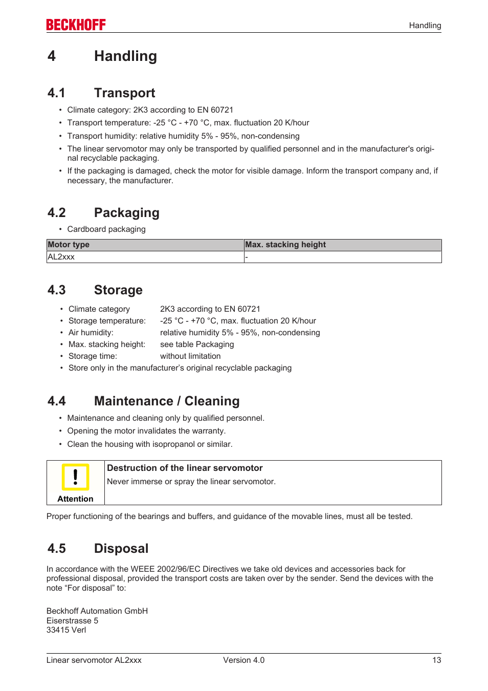 4 handling, 1 transport, 2 packaging | 3 storage, 4 maintenance / cleaning, 5 disposal, 4handling | BECKHOFF AL2000 Linear servomotor User Manual | Page 13 / 61