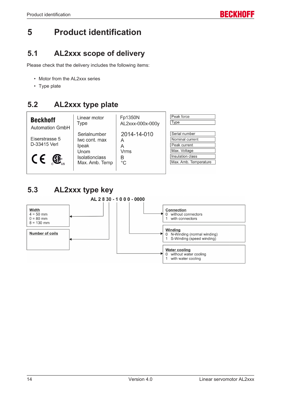 5 product identification, 1 al2xxx scope of delivery, 2 al2xxx type plate | 3 al2xxx type key, 5product identification | BECKHOFF AL2000 Linear servomotor User Manual | Page 14 / 61