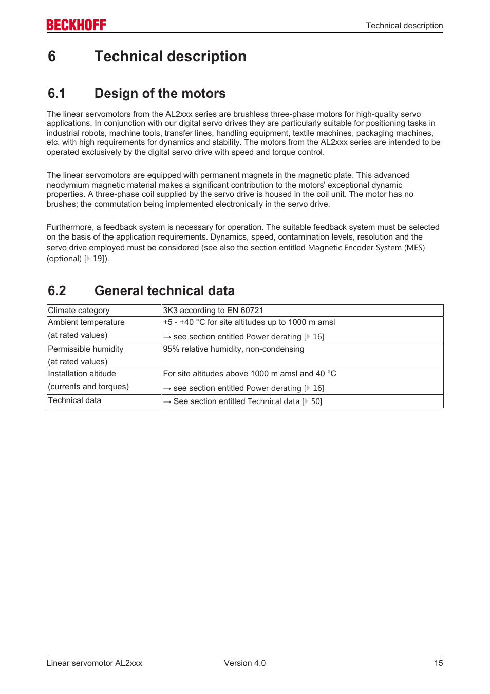 6 technical description, 1 design of the motors, 2 general technical data | 6technical description | BECKHOFF AL2000 Linear servomotor User Manual | Page 15 / 61