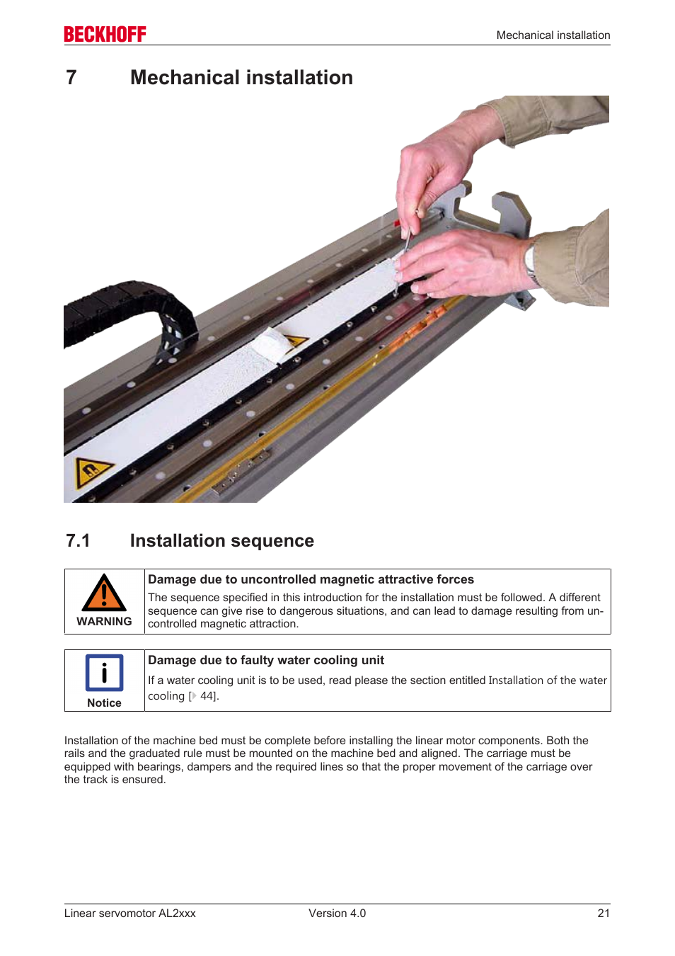 7 mechanical installation, 1 installation sequence, Mechanical installation | 21] sections, 7mechanical installation | BECKHOFF AL2000 Linear servomotor User Manual | Page 21 / 61
