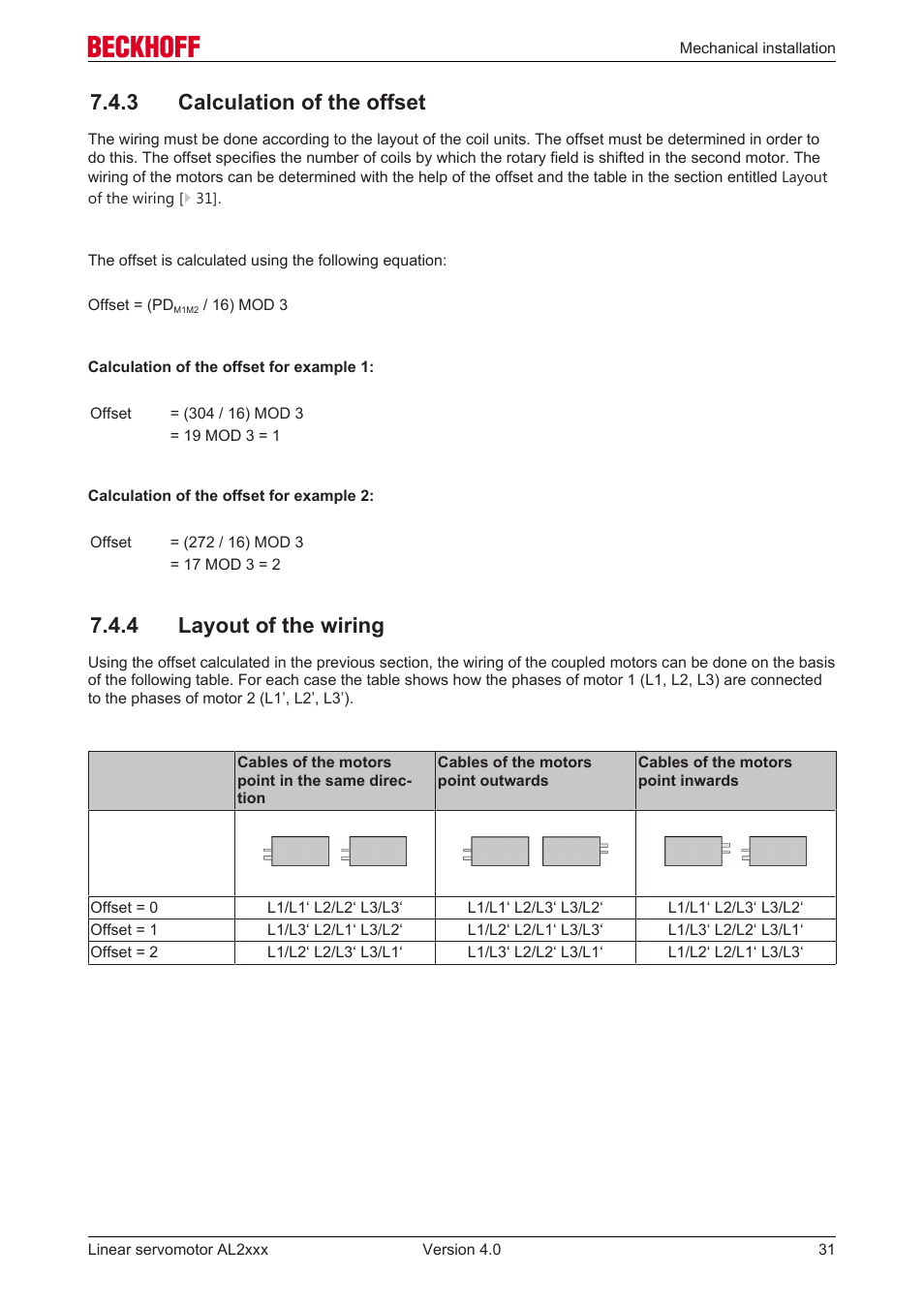 3 calculation of the offset, 4 layout of the wiring | BECKHOFF AL2000 Linear servomotor User Manual | Page 31 / 61