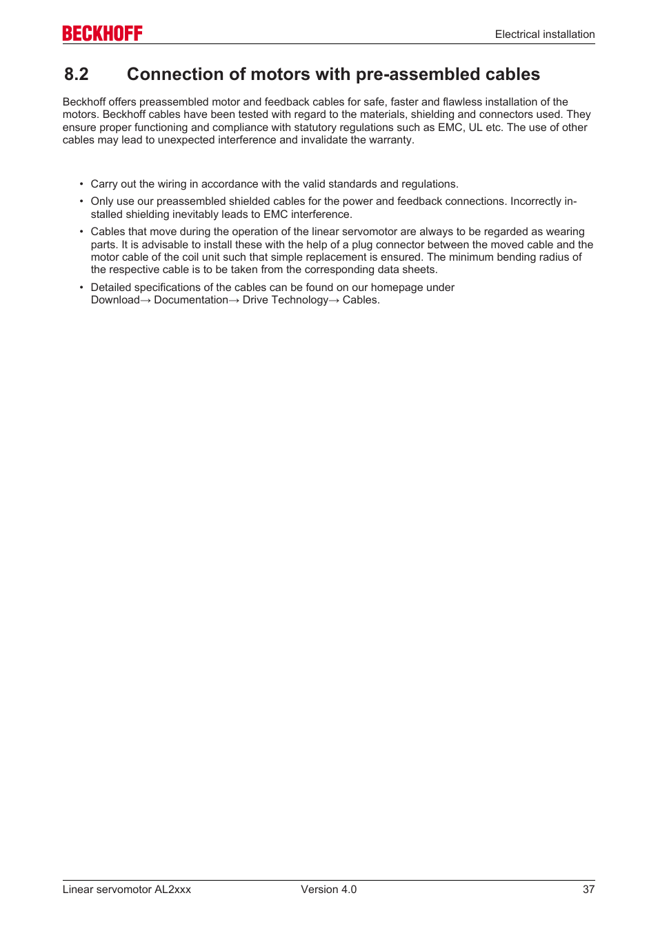 2 connection of motors with pre-assembled cables, 2 connection of motors with pre­assembled cables | BECKHOFF AL2000 Linear servomotor User Manual | Page 37 / 61