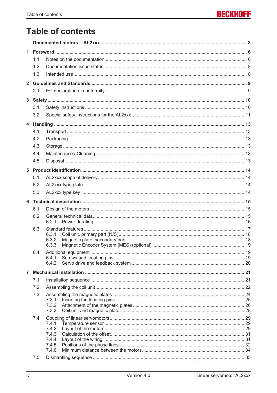 BECKHOFF AL2000 Linear servomotor User Manual | Page 4 / 61