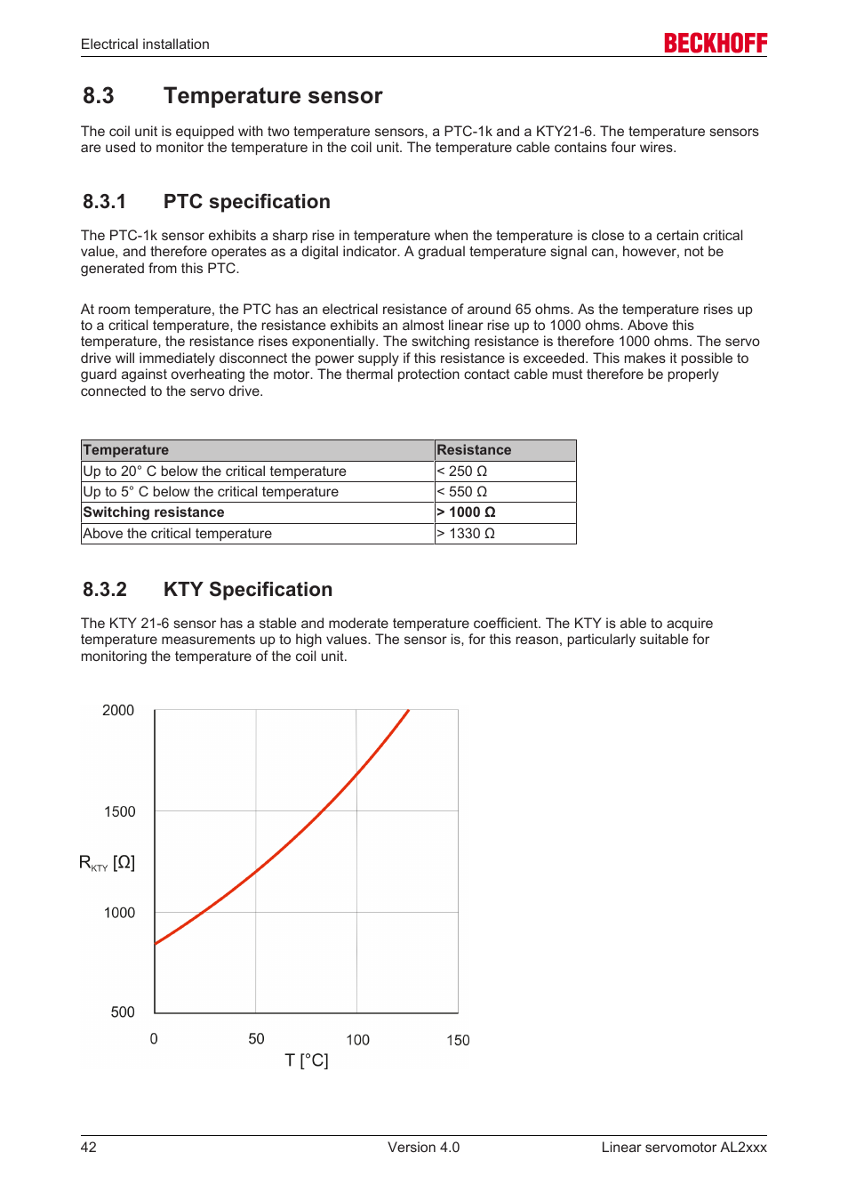 3 temperature sensor, 1 ptc specification, 2 kty specification | BECKHOFF AL2000 Linear servomotor User Manual | Page 42 / 61