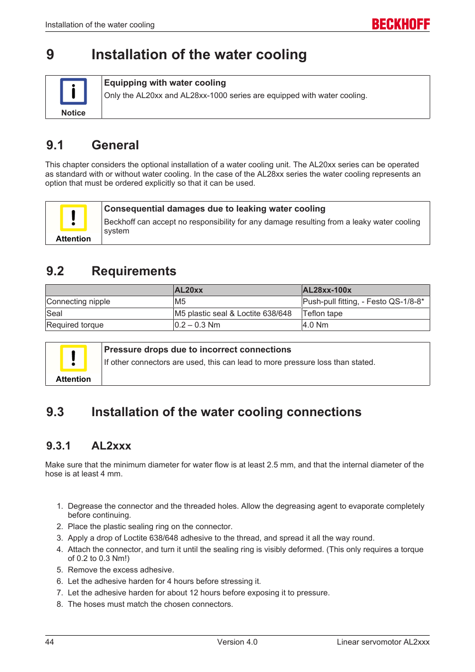 9 installation of the water cooling, 1 general, 2 requirements | 3 installation of the water cooling connections, 1 al2xxx, 9installation of the water cooling | BECKHOFF AL2000 Linear servomotor User Manual | Page 44 / 61