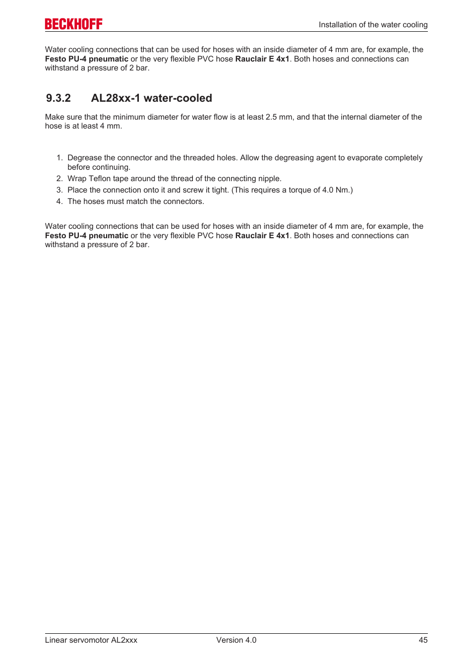 2 al28xx-1 water-cooled, 2 al28xx­1 water­cooled | BECKHOFF AL2000 Linear servomotor User Manual | Page 45 / 61