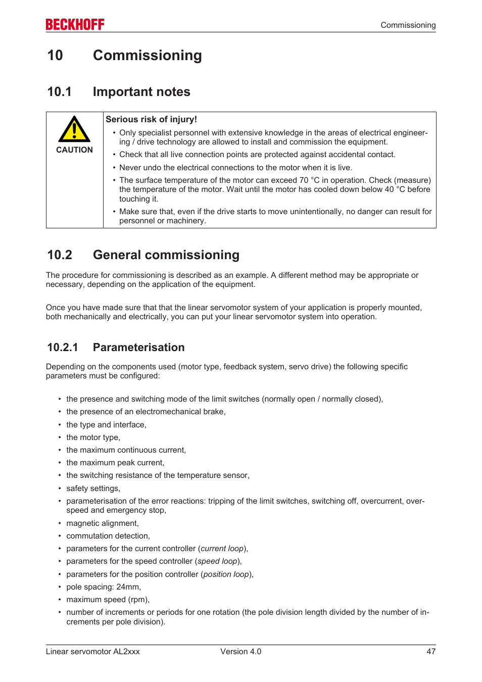 10 commissioning, 1 important notes, 2 general commissioning | 1 parameterisation | BECKHOFF AL2000 Linear servomotor User Manual | Page 47 / 61