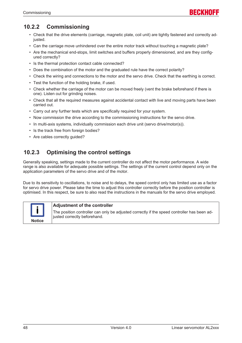 2 commissioning, 3 optimising the control settings | BECKHOFF AL2000 Linear servomotor User Manual | Page 48 / 61