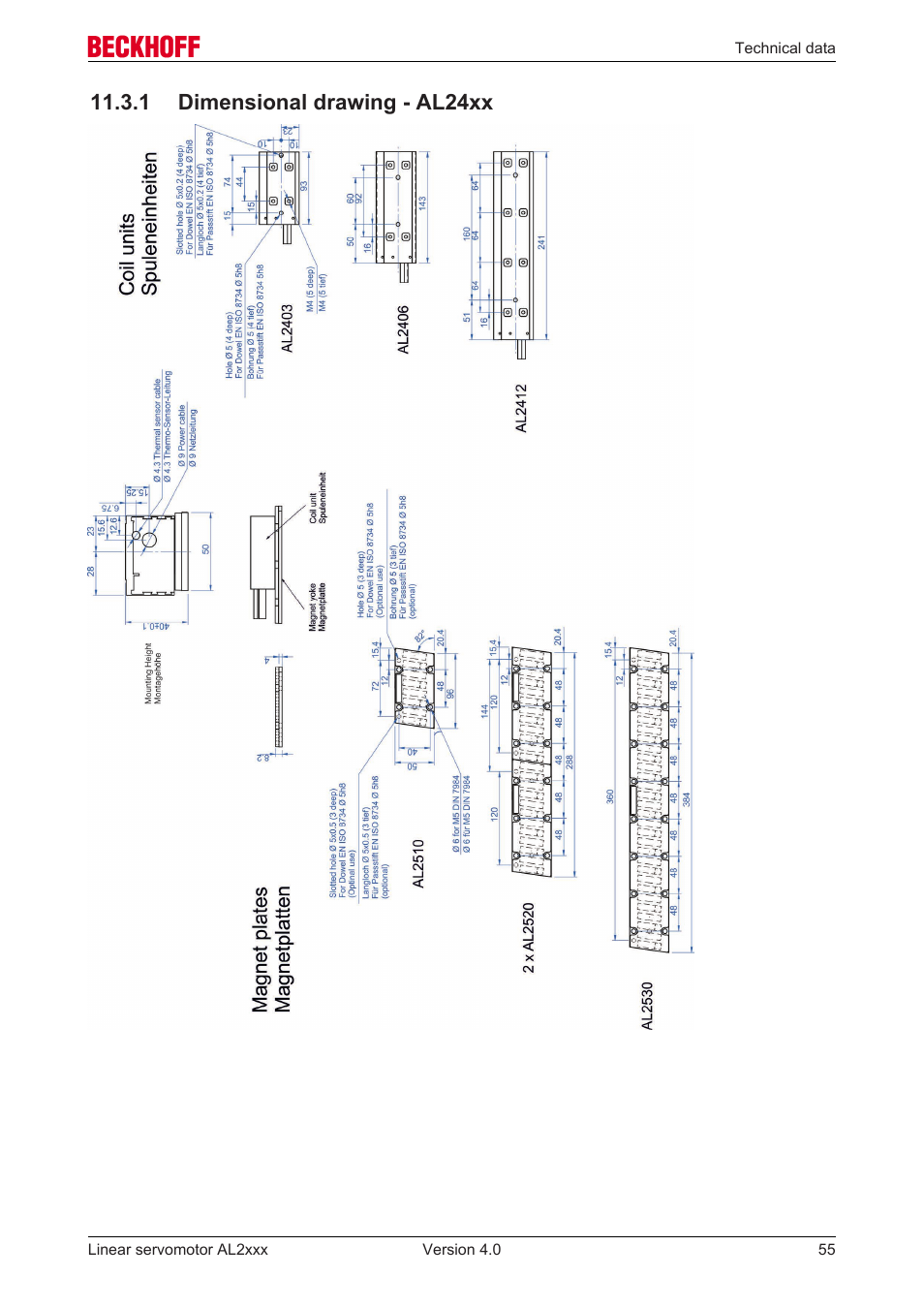 1 dimensional drawing - al24xx, Dimensional drawing ‐ al24xx, 1 dimensional drawing ­ al24xx | BECKHOFF AL2000 Linear servomotor User Manual | Page 55 / 61