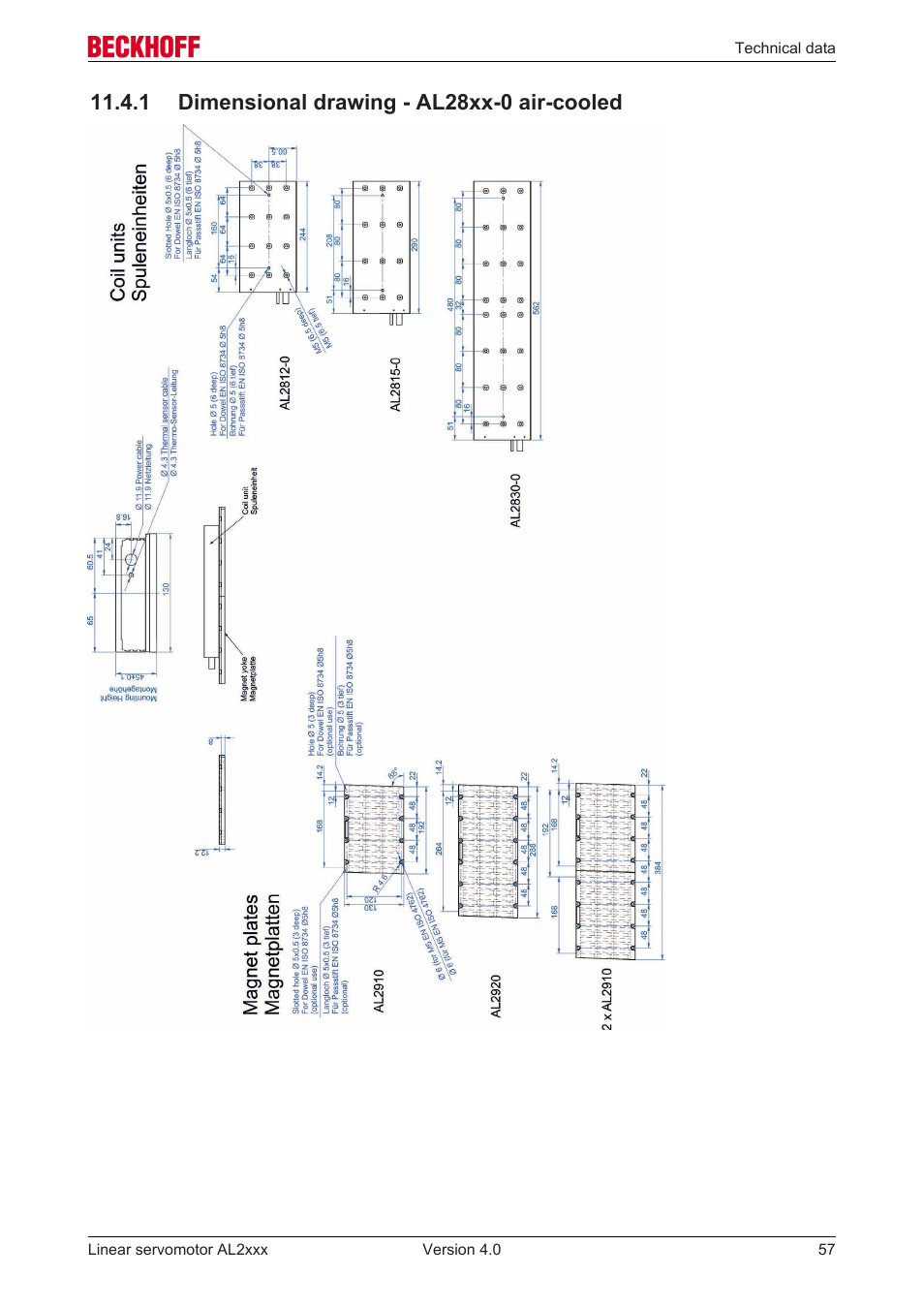 1 dimensional drawing - al28xx-0 air-cooled, Dimensional drawing ‐ al28xx‐0 air‐cooled, 1 dimensional drawing ­ al28xx­0 air­cooled | BECKHOFF AL2000 Linear servomotor User Manual | Page 57 / 61