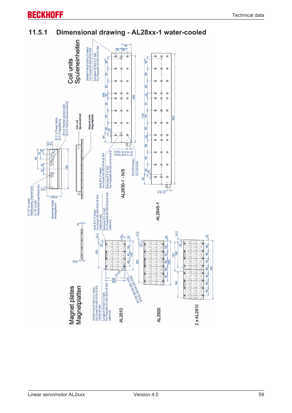 1 dimensional drawing - al28xx-1 water-cooled, Dimensional drawing ‐ al28xx‐1 water‐cooled, 1 dimensional drawing ­ al28xx­1 water­cooled | BECKHOFF AL2000 Linear servomotor User Manual | Page 59 / 61