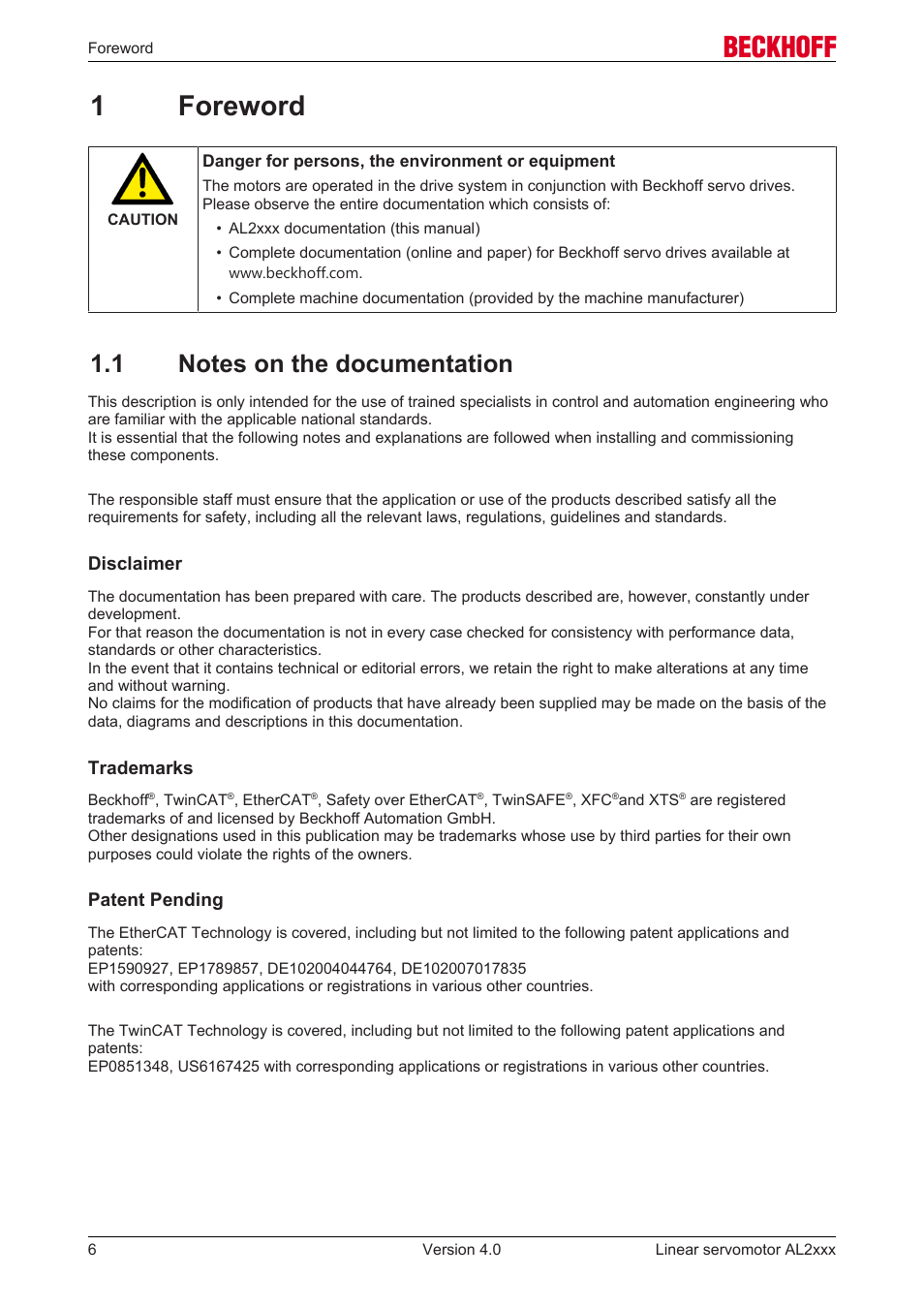 1 foreword, 1 notes on the documentation, 1foreword | BECKHOFF AL2000 Linear servomotor User Manual | Page 6 / 61